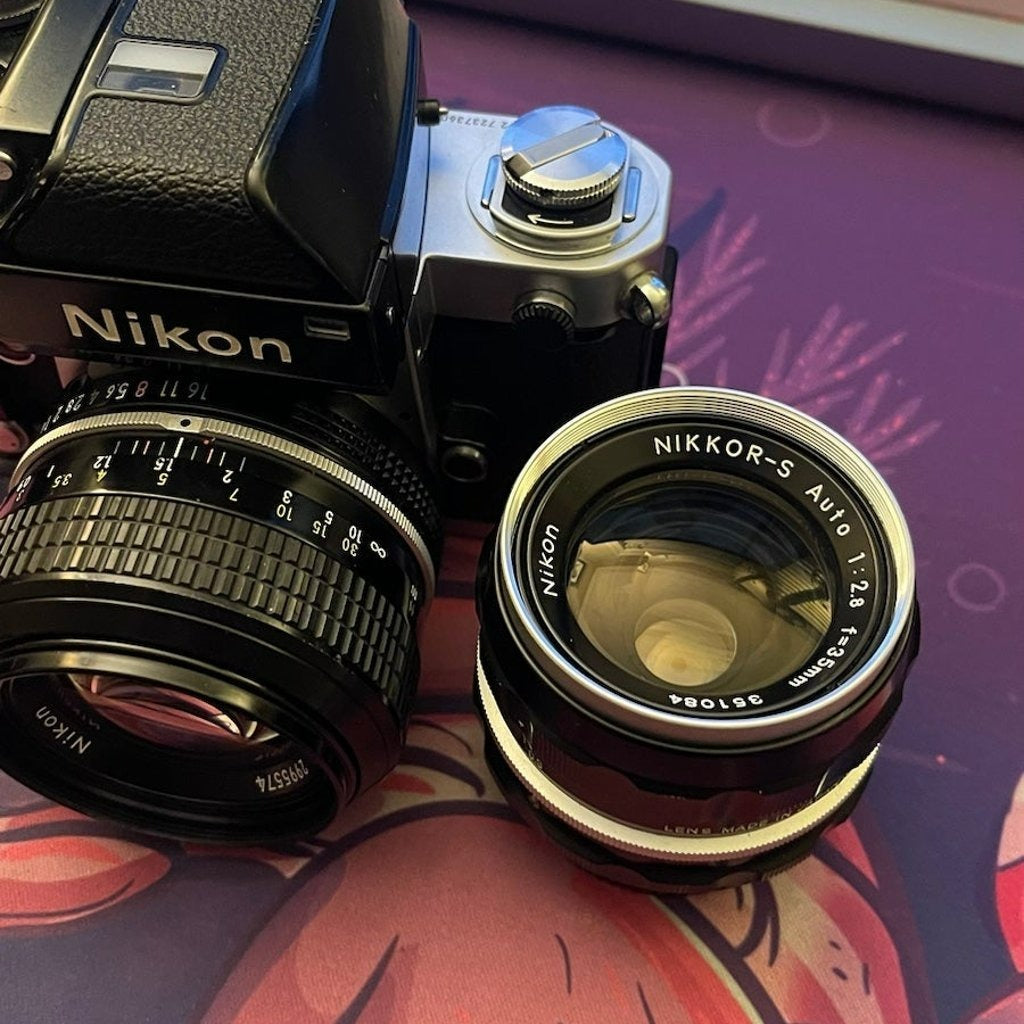 🍇 ₊˚💜 Nikon F2 Film Camera (Silver) with 35mm and 50mm Lenses 🍥 🎀📷