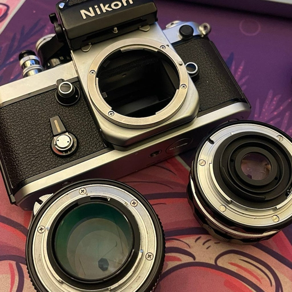 🍇 ₊˚💜 Nikon F2 Film Camera (Silver) with 35mm and 50mm Lenses 🍥 🎀📷